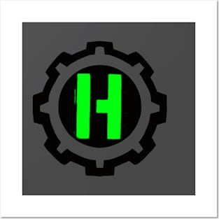 Green Letter H in a Black Industrial Cog Posters and Art